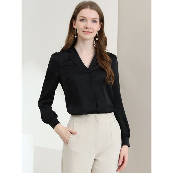 Women's Collar Blouse Long Sleeve Satin Button Down Shirt Black - Picture 3 of 6
